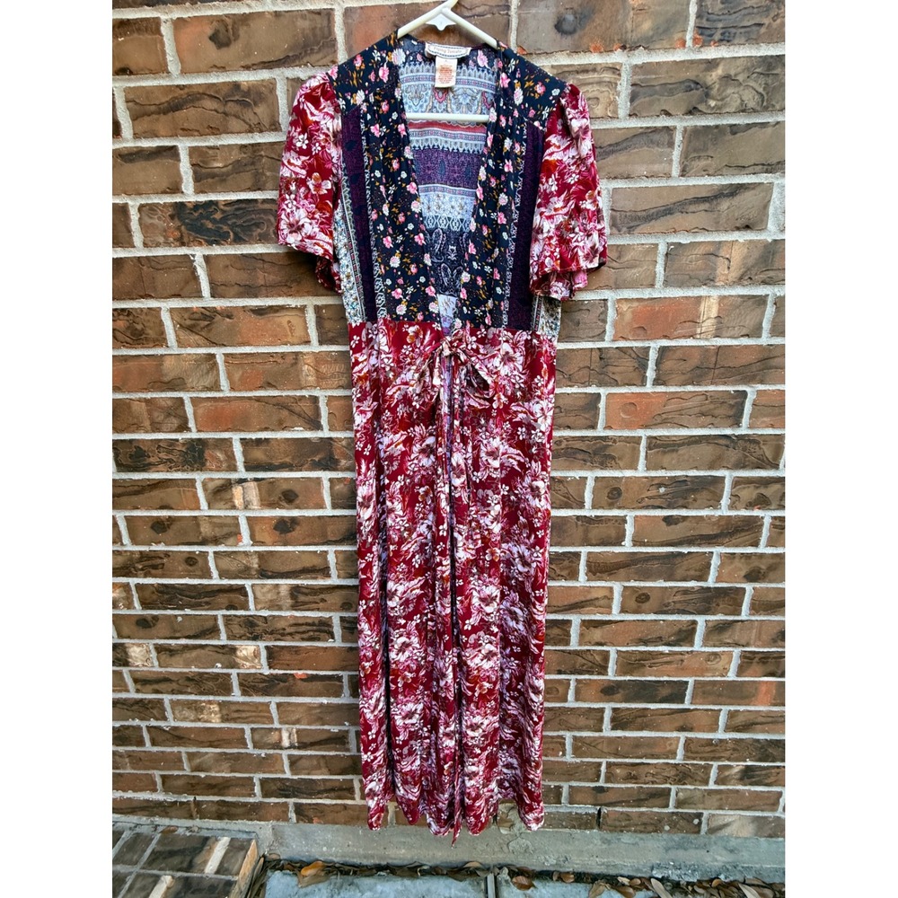 Flying Tomato Mixed Print Floral Paisley Boho Maxi Dress Burgundy Navy ID14324 L